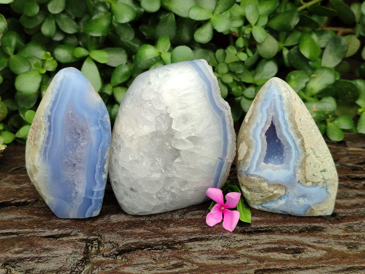 Polished Blue Lace Agate Standing Free Forms x 3 From Nsanje, Malawi