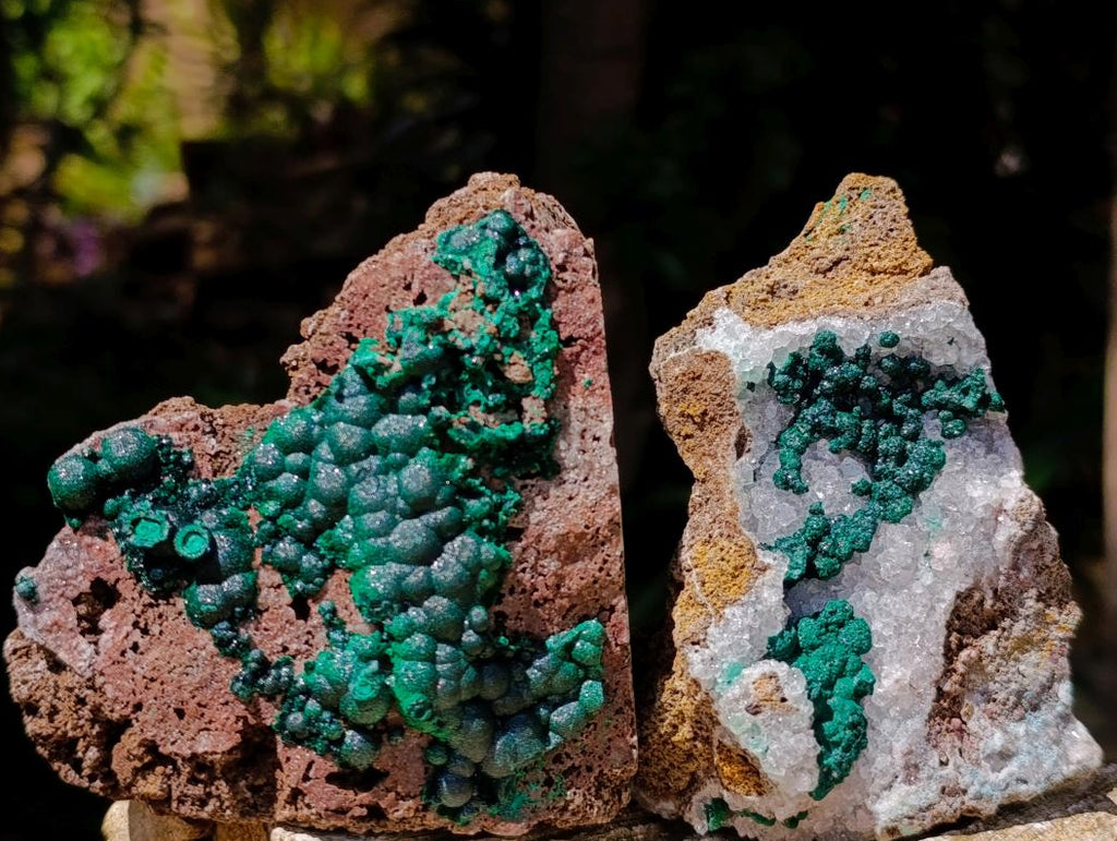 Natural Crystalline Ball Malachite on Quartz and Dolomite Specimens x 2 From Mindingi Mine, Kambove, Congo