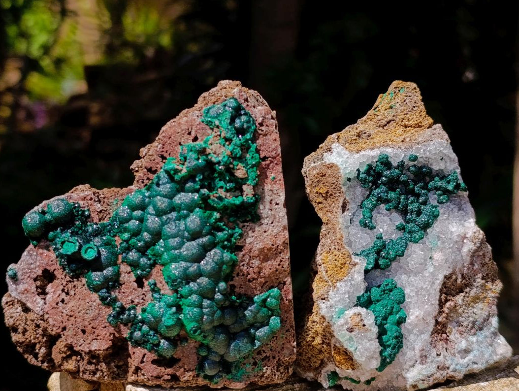 Natural Crystalline Ball Malachite on Quartz and Dolomite Specimens x 2 From Mindingi Mine, Kambove, Congo