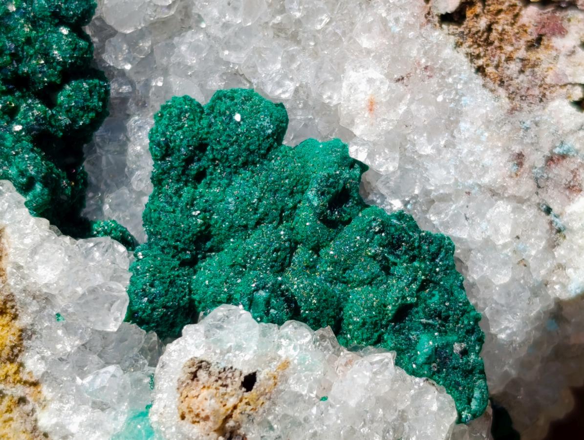 Natural Crystalline Ball Malachite on Quartz and Dolomite Specimens x 2 From Mindingi Mine, Kambove, Congo
