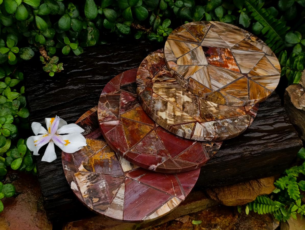 Hand Made Red Podocarpus Petrified Wood Conglomerate Plaques x 4 From Mahajanga, Madagascar