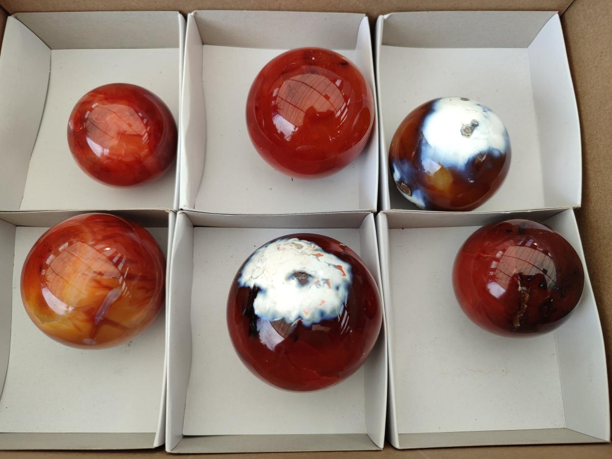 Polished Carnelian Agate Gemstone Spheres x 6 From Madagascar - Toprock Gemstones and Minerals 