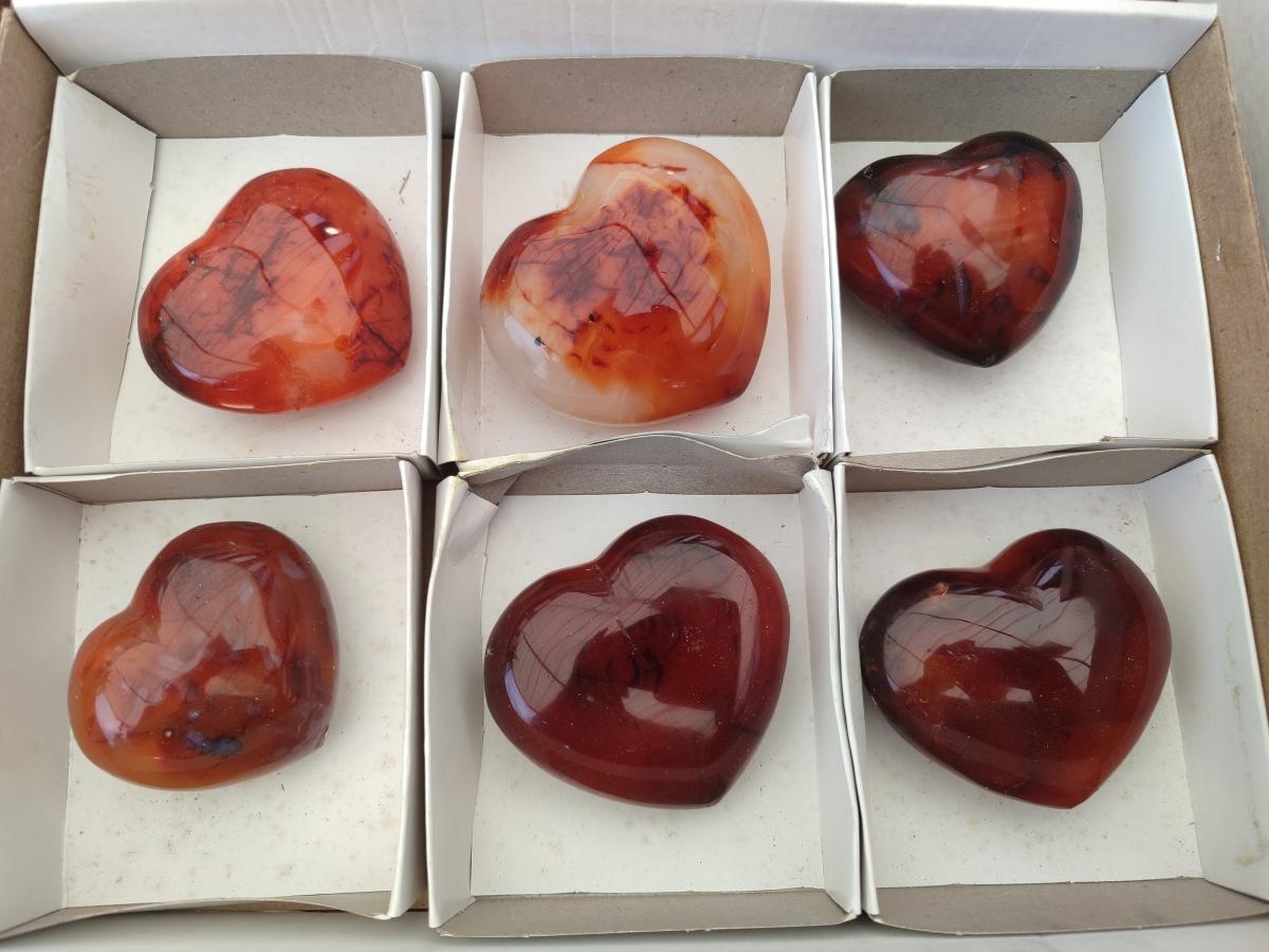 Polished Carnelian Agate Gemstone Hearts x 6 From Madagascar