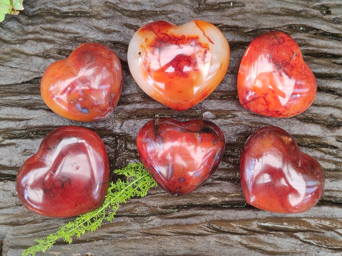 Polished Carnelian Agate Gemstone Hearts x 6 From Madagascar