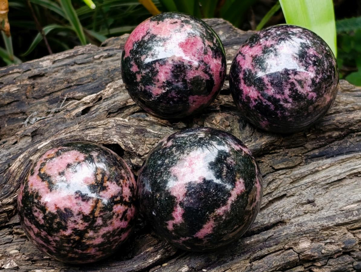 Polished Rhodonite Gemstone Spheres x 4 From Ambindavato, Madagascar