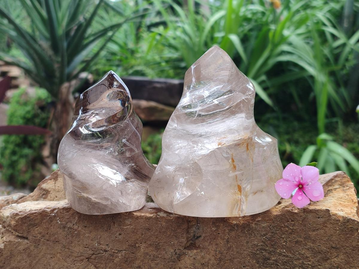 Polished Smokey Window Quartz Flames x 2 From Madagascar