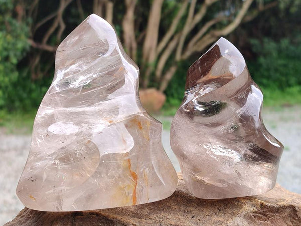 Polished Smokey Window Quartz Flames x 2 From Madagascar
