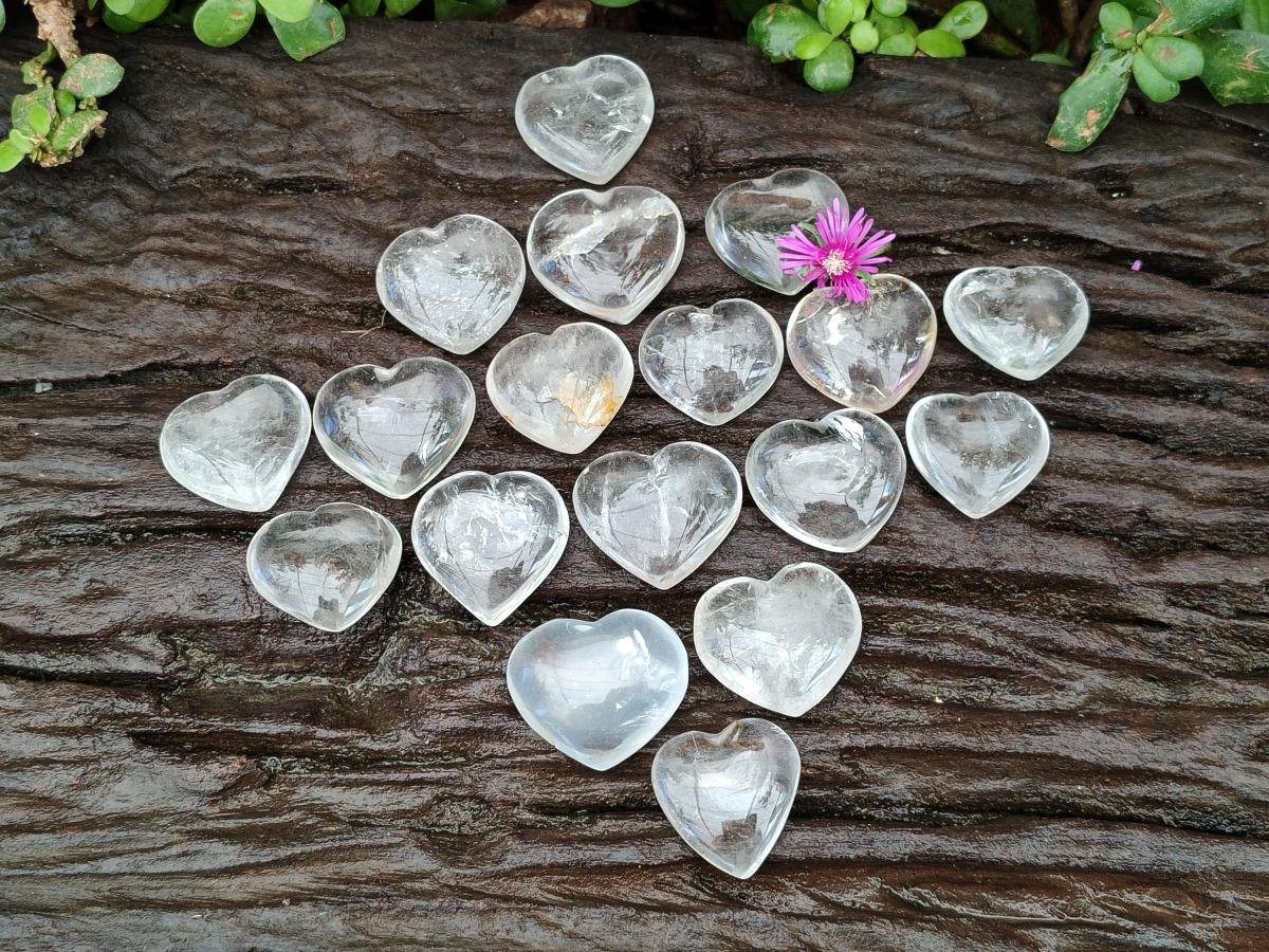 Polished Rock Crystal Hearts x 20 From Amoron’i Mania, Madagascar