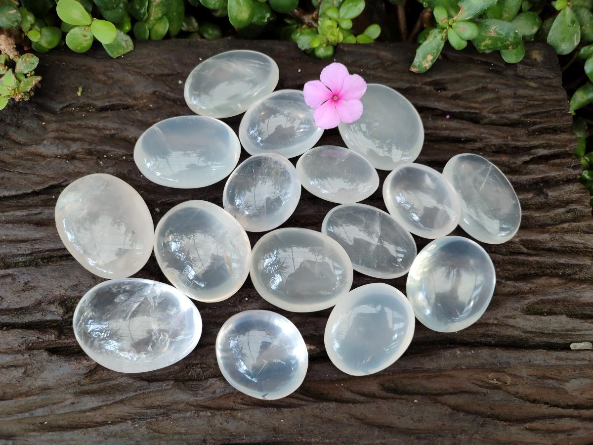 Polished Girasol Pearl Quartz Palm Stones x 20 From Ambatondrazaka, Madagascar