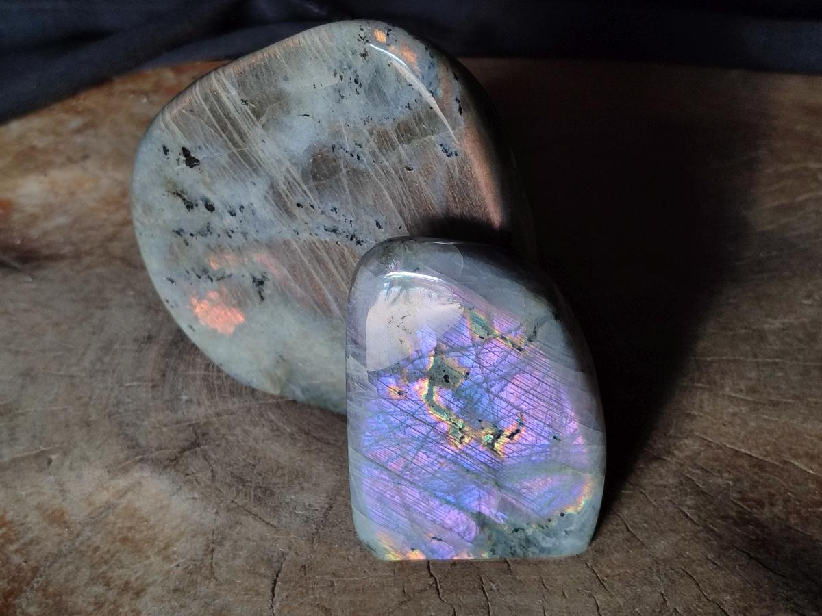 Polished Rare Purple Sunset Flash Labradorite Standing Free Forms x 2 From Madagascar