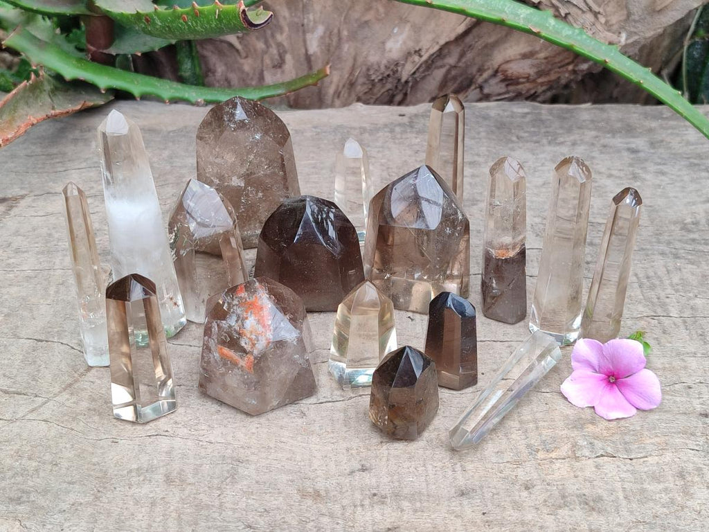 Polished Mixed Smokey Window Quartz Crystals x 17 From Madagascar