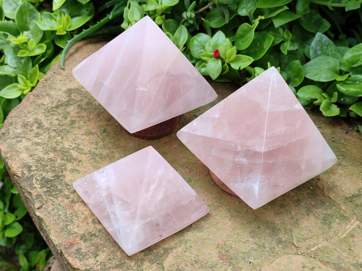 Polished Gemmy Rose Quartz Pyramids x 3 From Madagascar