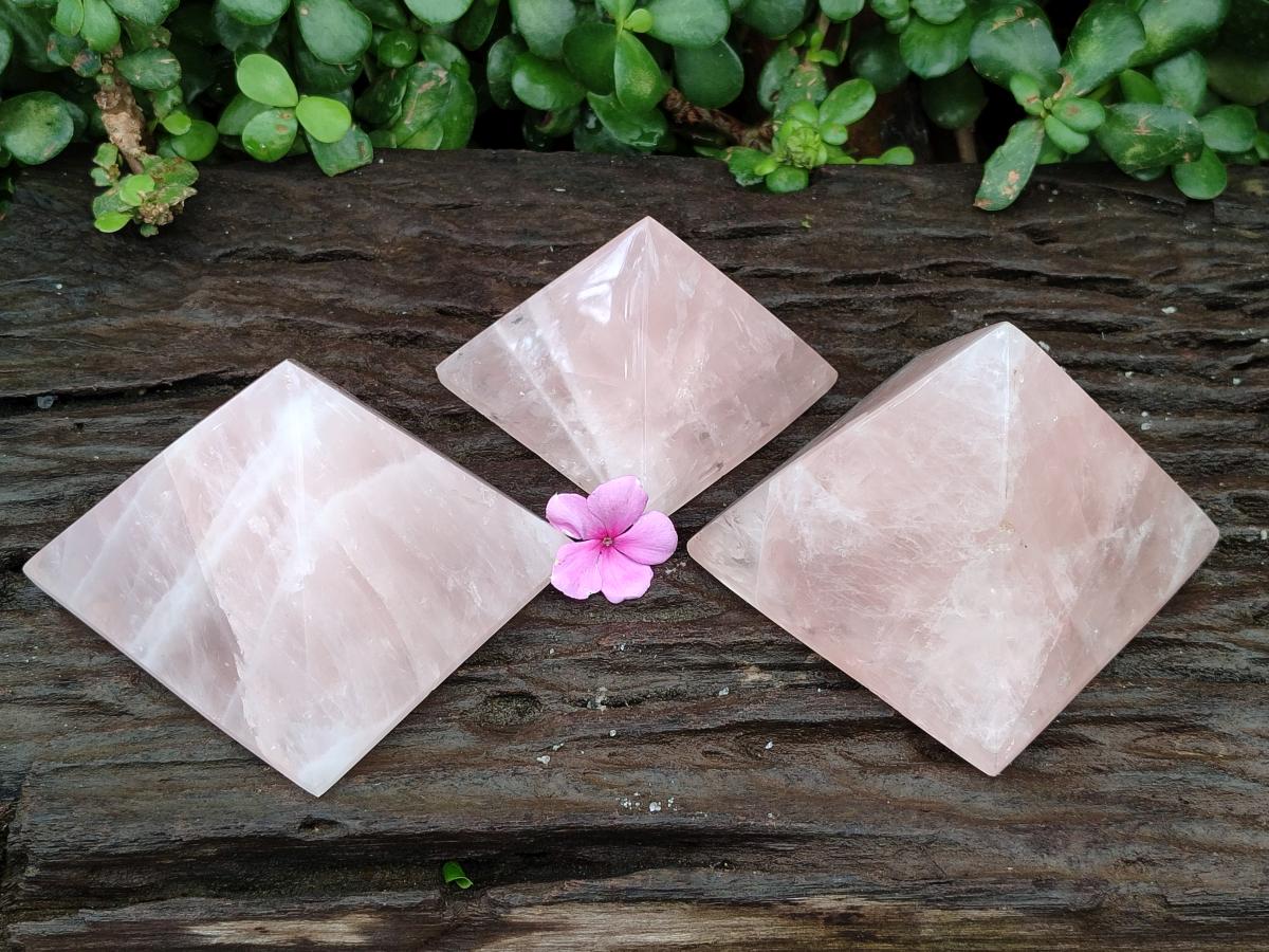 Polished Gemmy Rose Quartz Pyramids x 3 From Madagascar