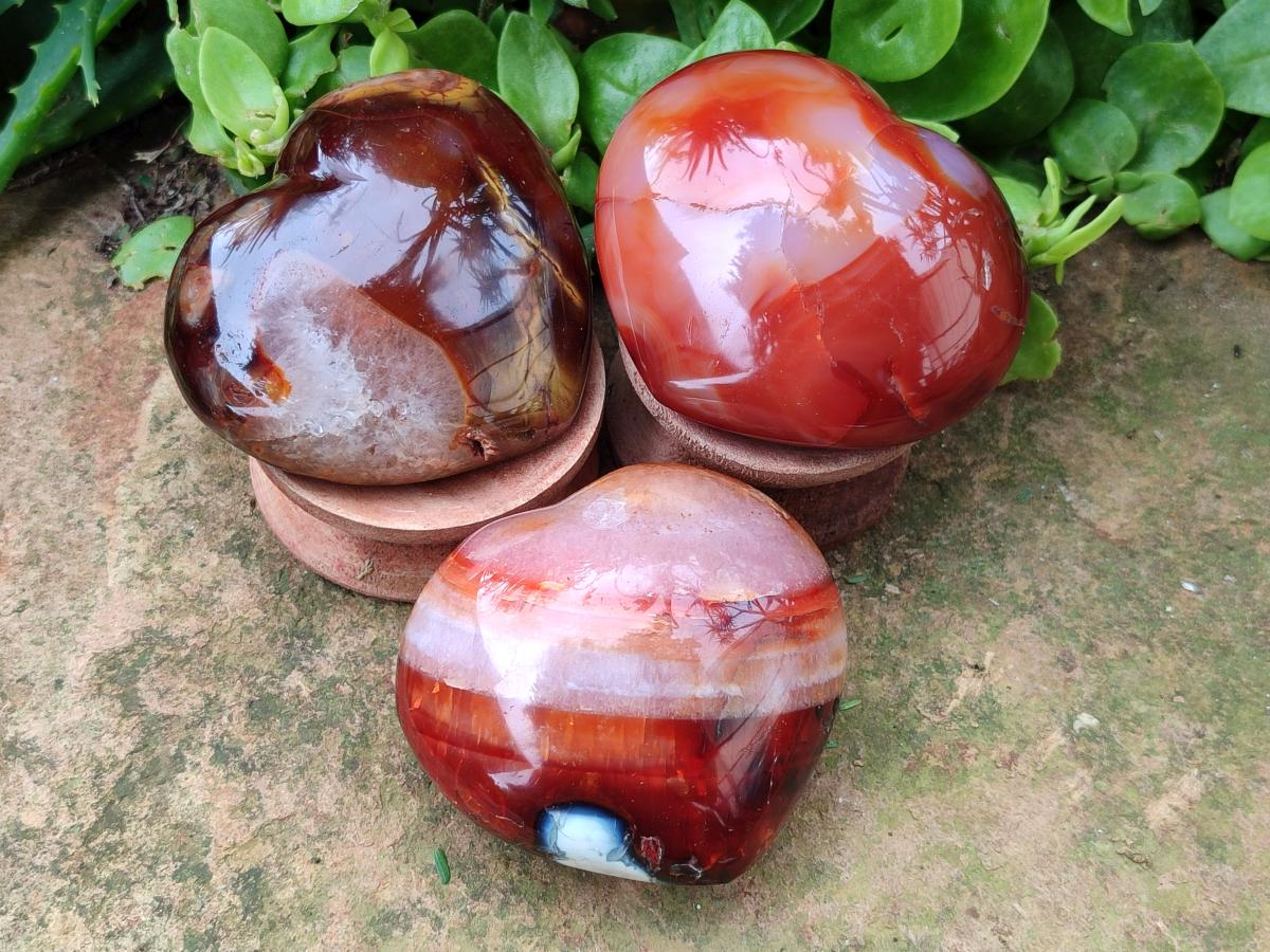 Polished Carnelian Agate Gemstone Hearts x 6 From Madagascar