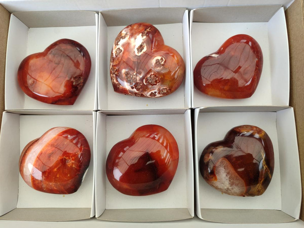 Polished Carnelian Agate Gemstone Hearts x 6 From Madagascar