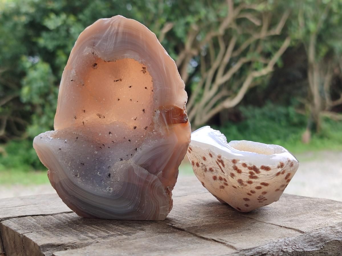Polished Banded Agate with Crystalline Geodes x 6 From Maintirano, Madagascar