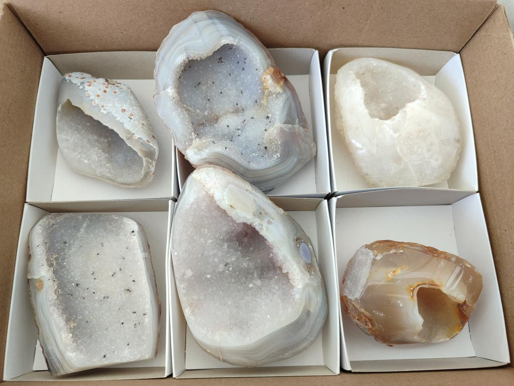 Polished Banded Agate with Crystalline Geodes x 6 From Maintirano, Madagascar