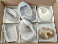 Polished Banded Agate with Crystalline Geodes x 6 From Maintirano, Madagascar