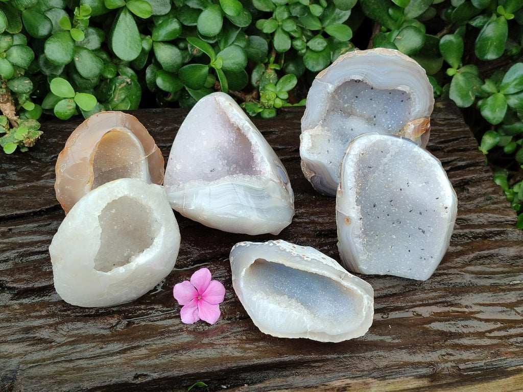 Polished Banded Agate with Crystalline Geodes x 6 From Maintirano, Madagascar