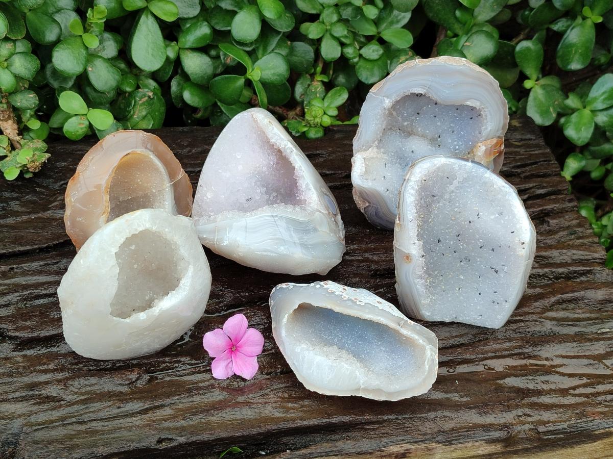 Polished Banded Agate with Crystalline Geodes x 6 From Maintirano, Madagascar