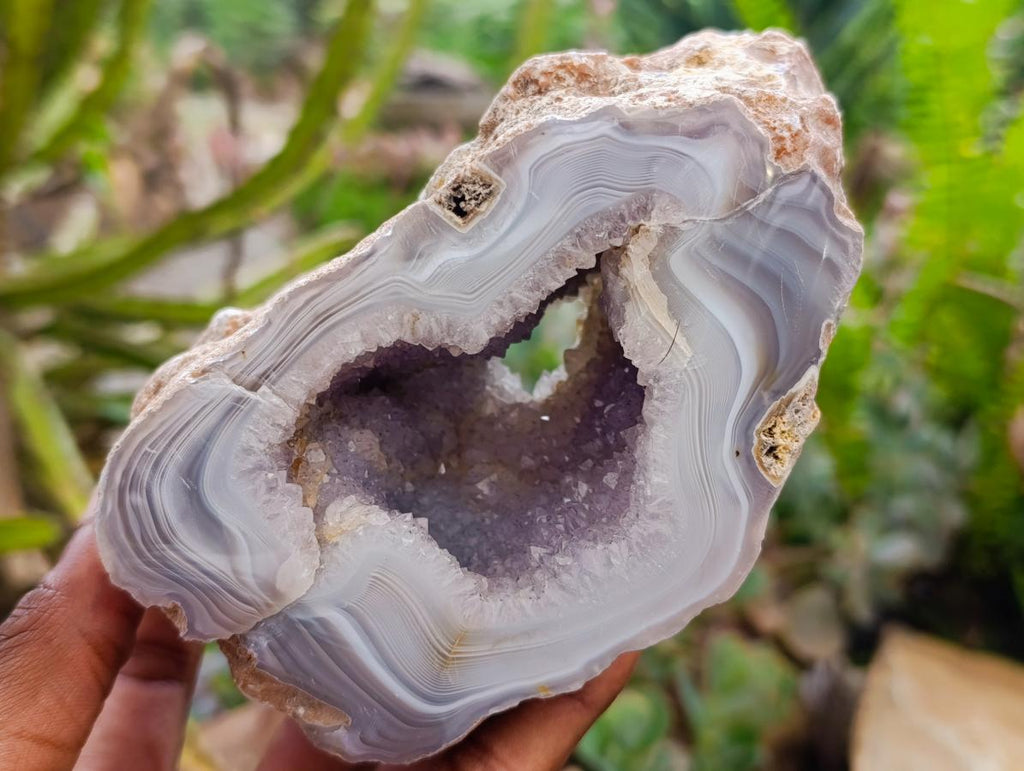 Polished Banded Agate with Crystalline Geodes x 2 From Maintirano, Madagascar