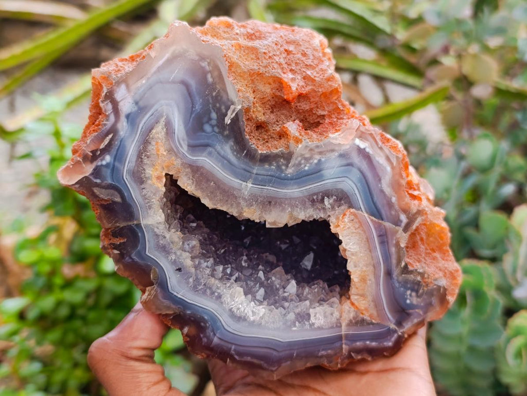 Polished Banded Agate with Crystalline Geodes x 2 From Maintirano, Madagascar