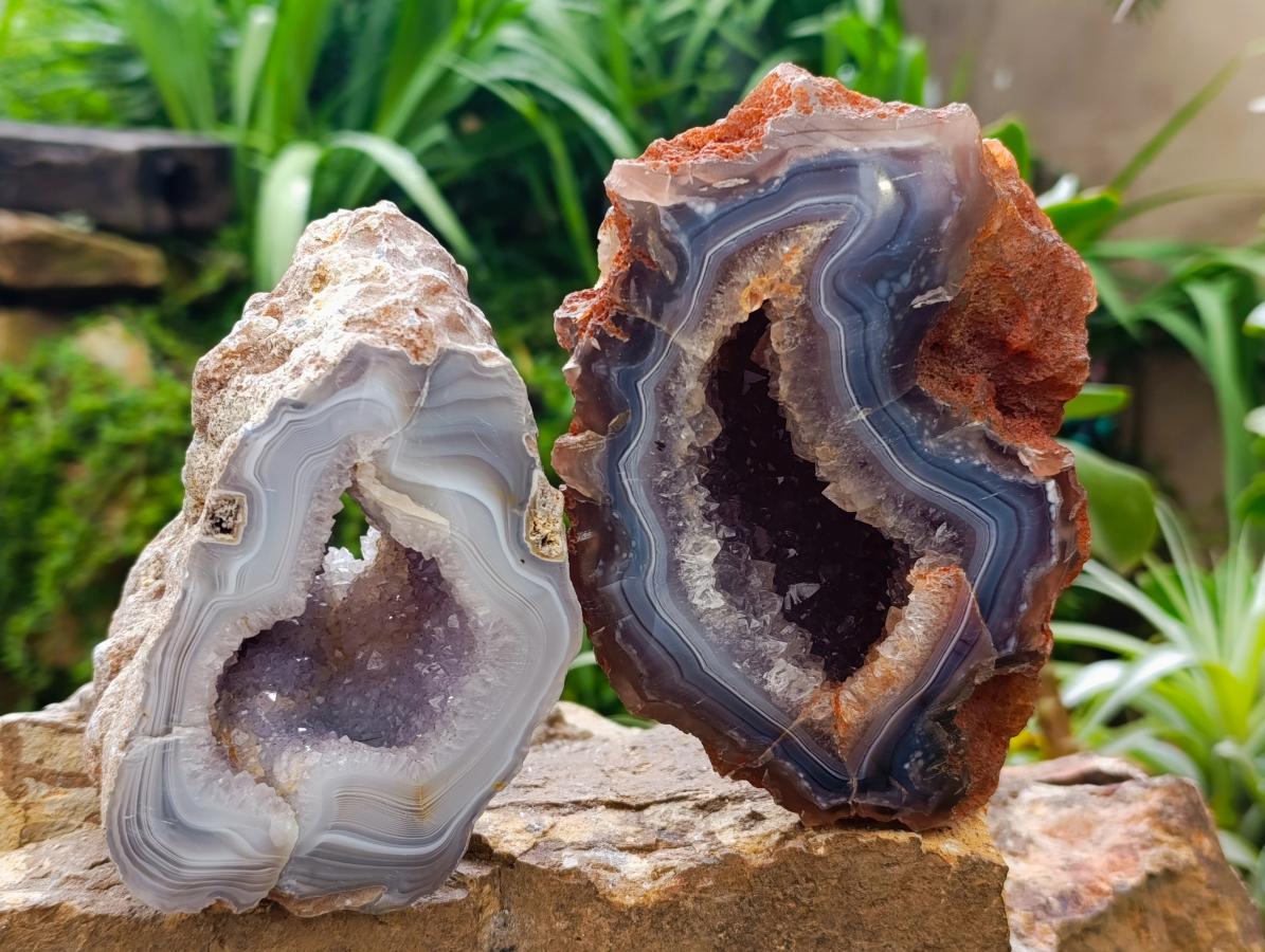Polished Banded Agate with Crystalline Geodes x 2 From Maintirano, Madagascar