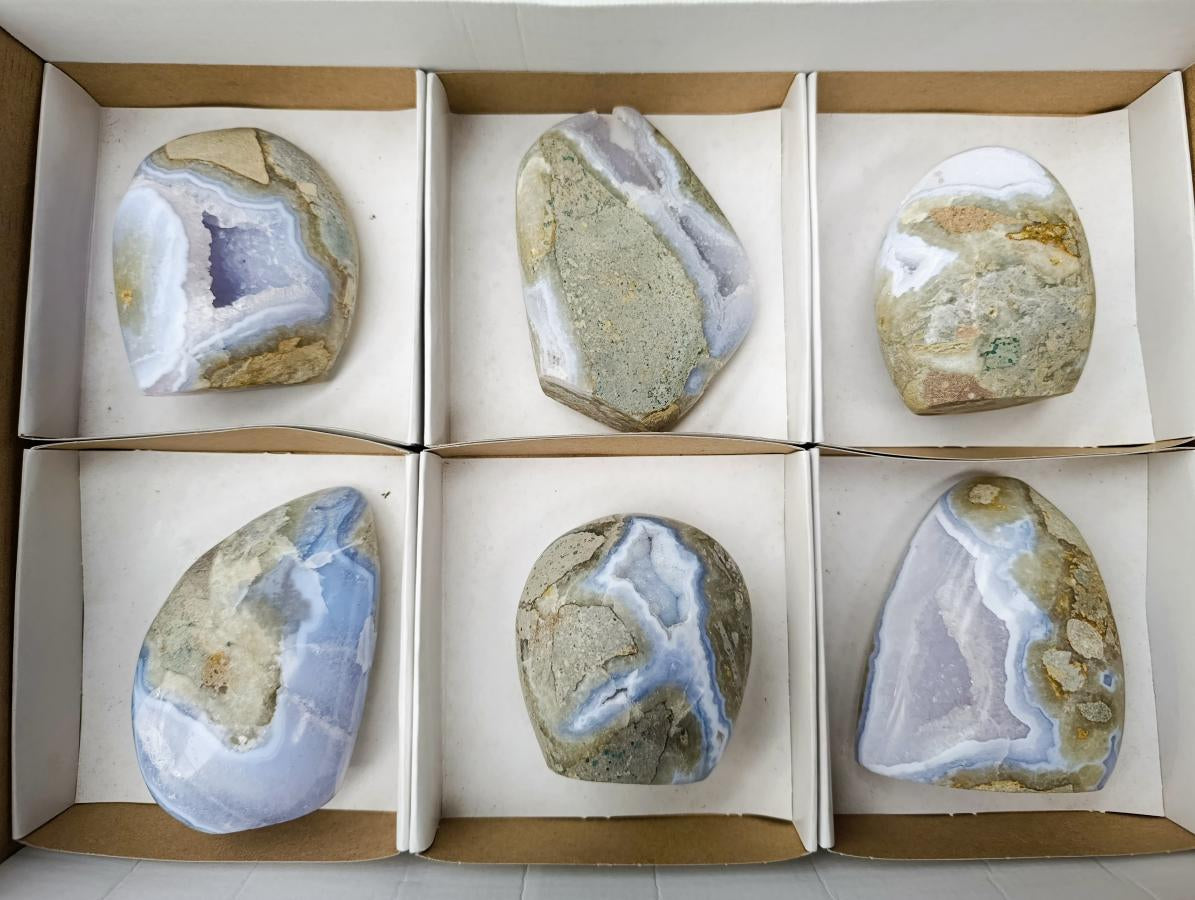 Polished Blue Lace Agate Standing Free Forms x 6 From Nsanje, Malawi