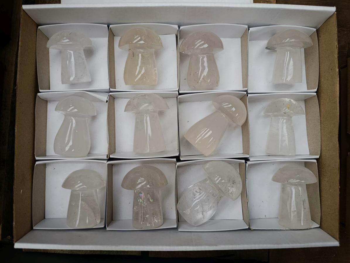 Polished Clear Quartz and Girasol Mushrooms x 12 From Madagascar