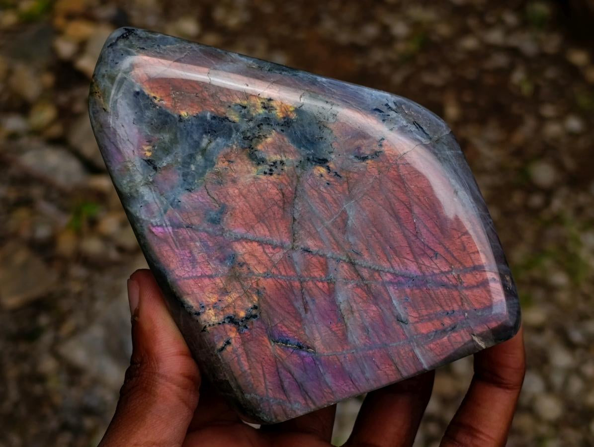 Polished Sunset Labradorite Standing Free Forms x 3 From Madagascar
