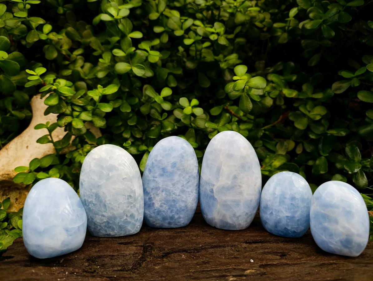 Polished Blue Calcite Standing Free Forms x 6 From Madagascar