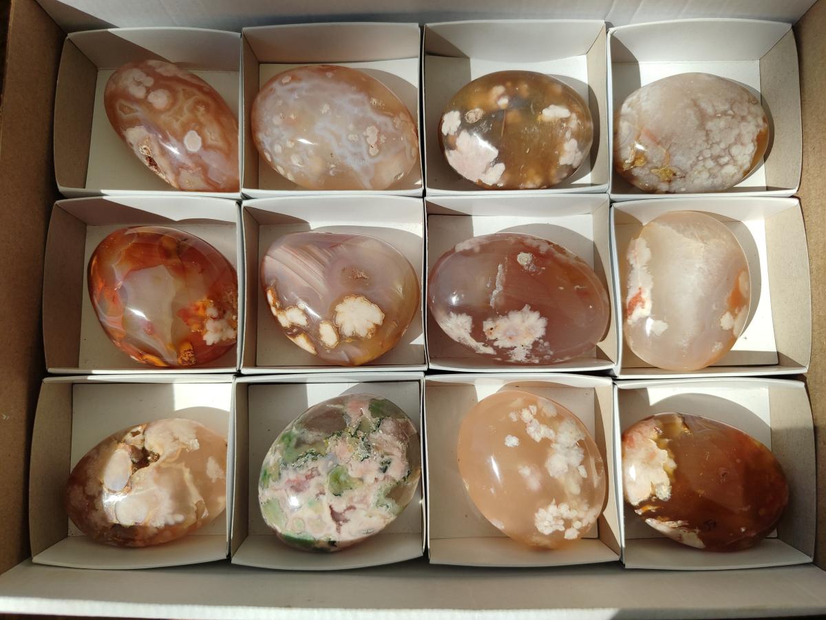 Polished Flower Agate Palm Stones x 12 From Antsahalova, Madagascar