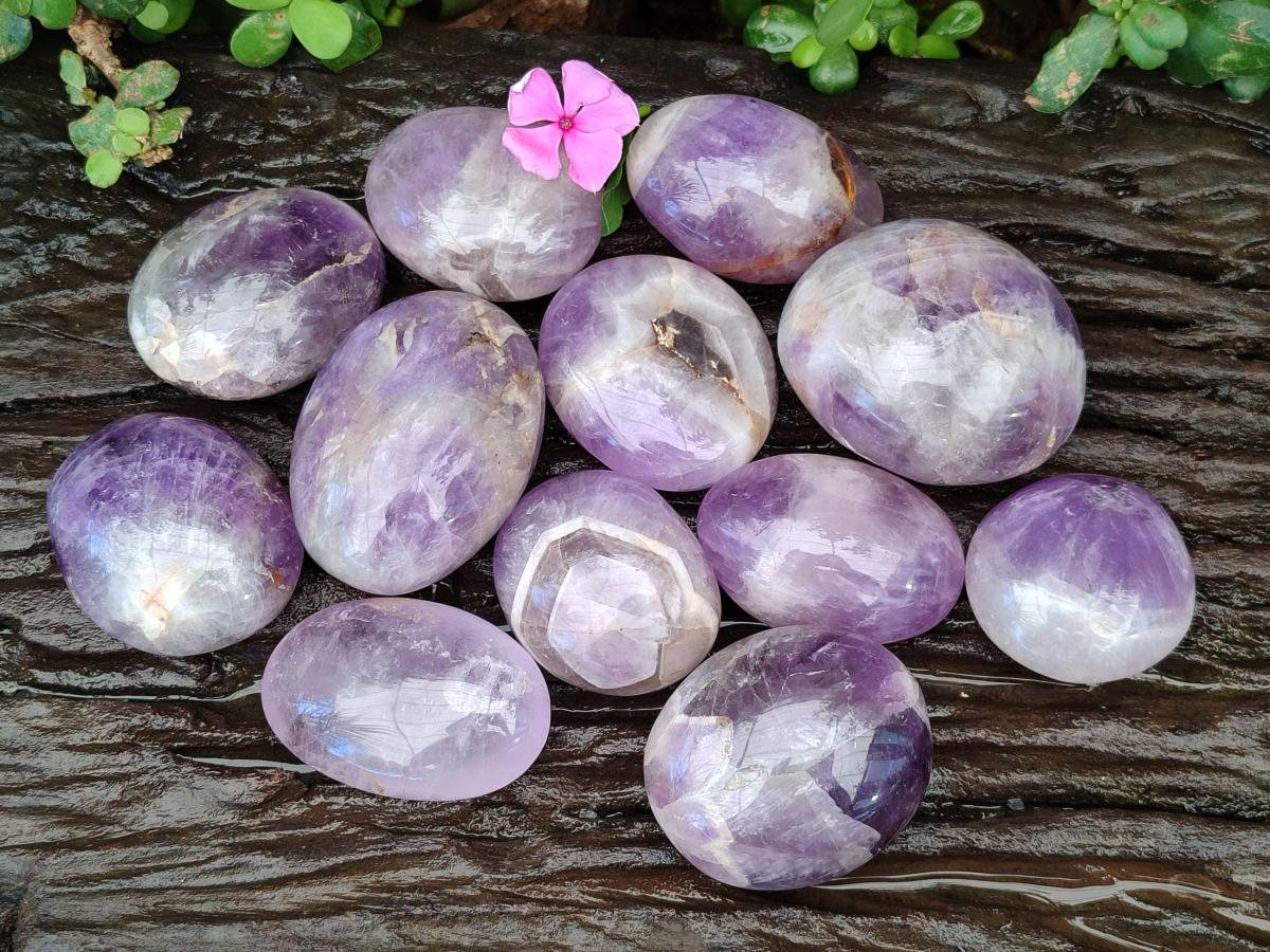 Polished Chevron Amethyst Palm Stones x 12 From Madagascar