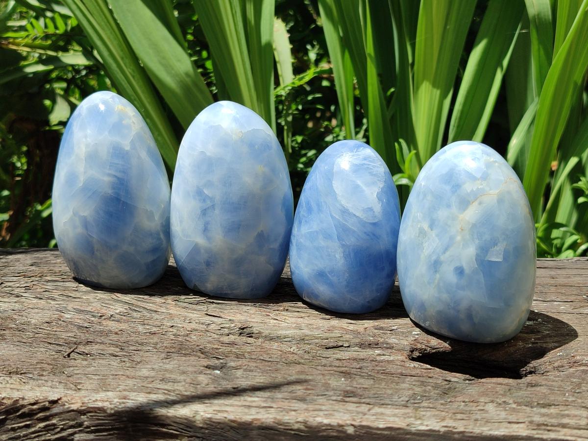 Polished Blue Calcite Standing Free Forms x 4 From Madagascar