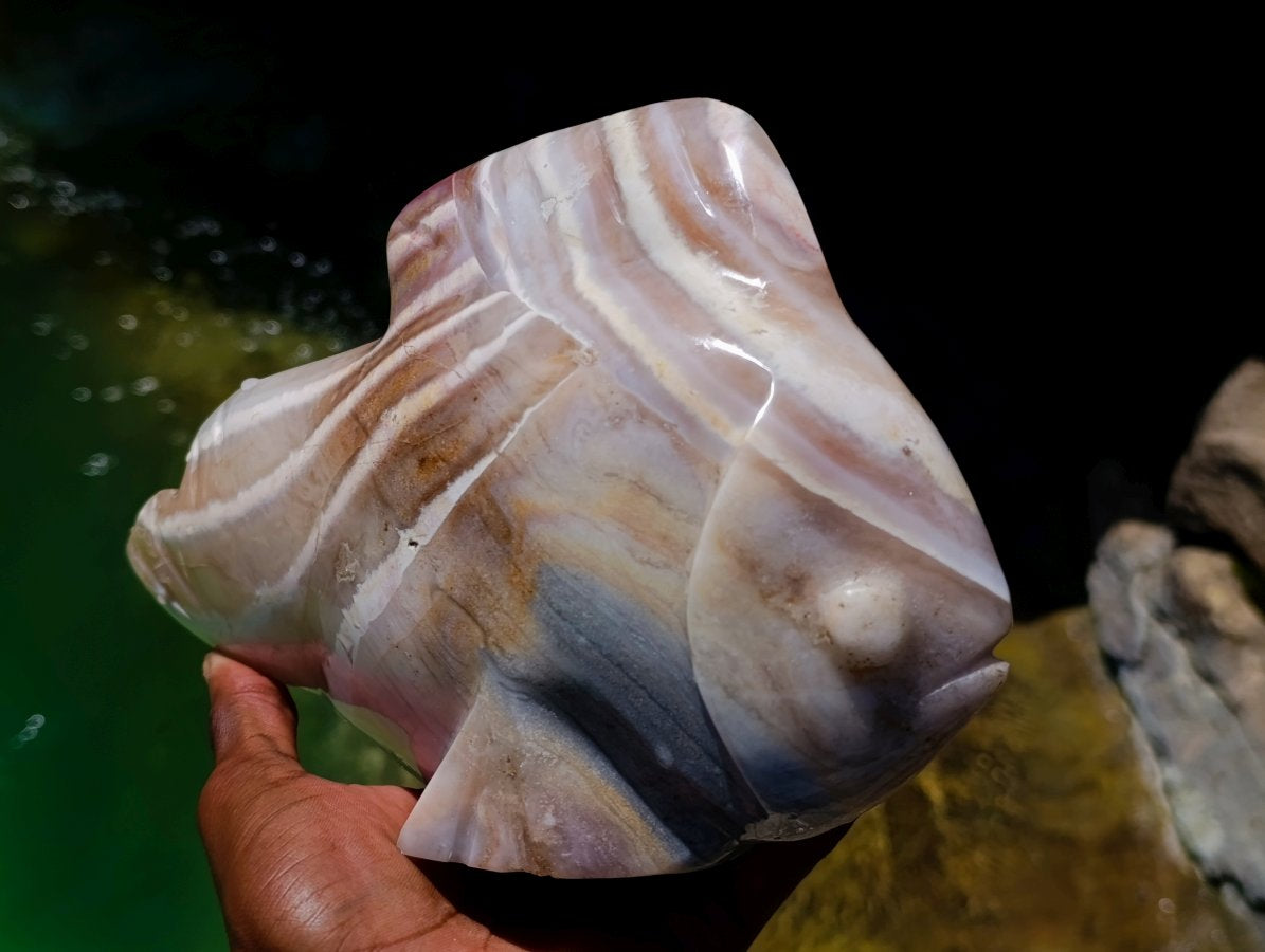 Hand Made Zebra Agate Fish Carving x 1 From Madagascar
