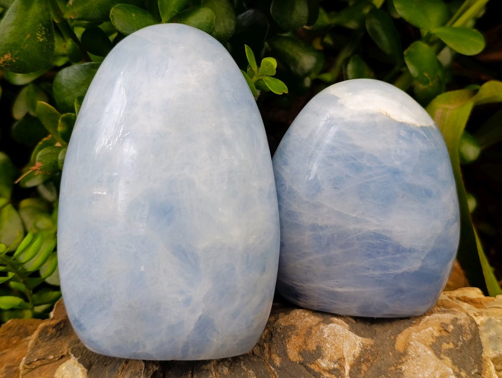 Polished Blue Calcite Standing Free Forms x 3 From Madagascar