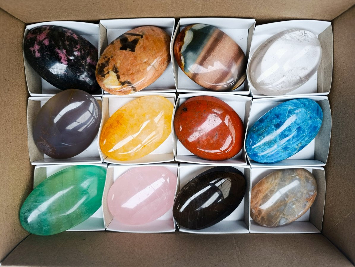 Polished Mixed Multi Mineral Palm Stones x 12 From Madagascar