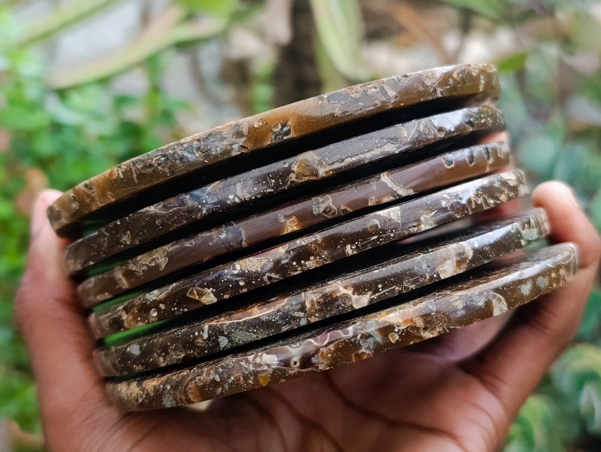 Hand Made Ammonite Conglomerate Coffee Table Coasters x 6 From Mahajanga, Madagascar