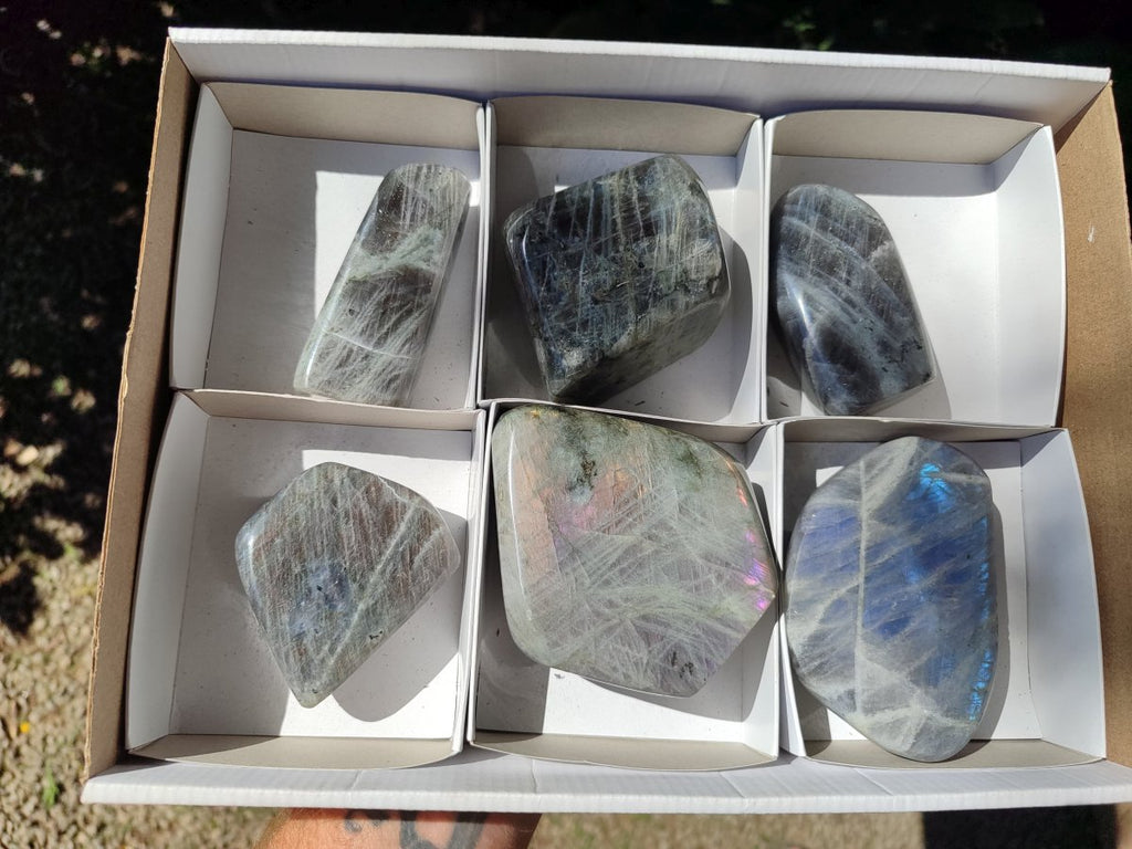 Polished Rare Purple Sunset Flash Labradorite Standing Free Forms x 6 From Madagascar