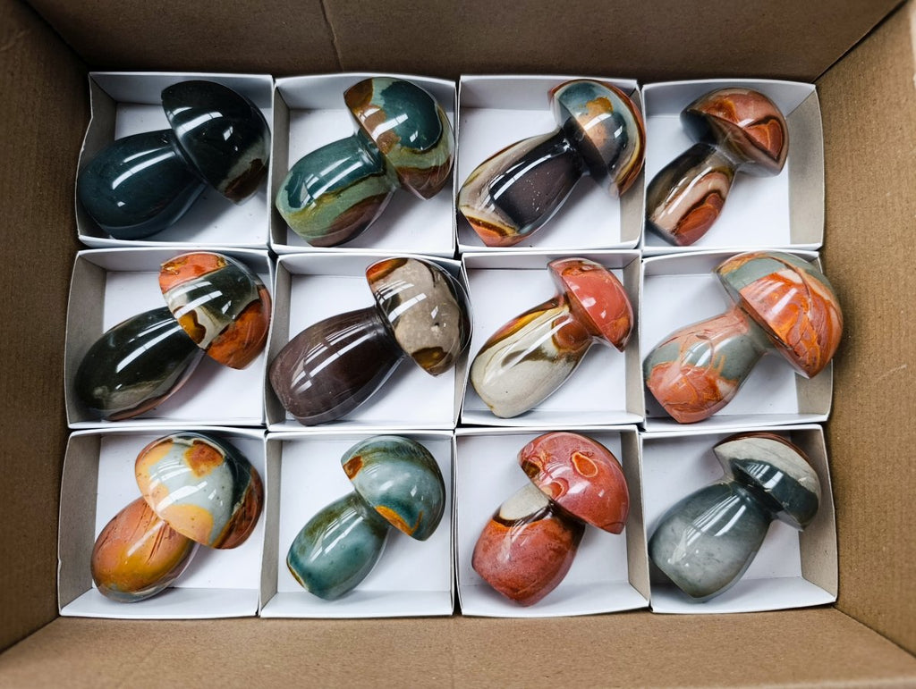 Polished Polychrome Jasper Mushrooms x 12 From NW Coast, Madagascar