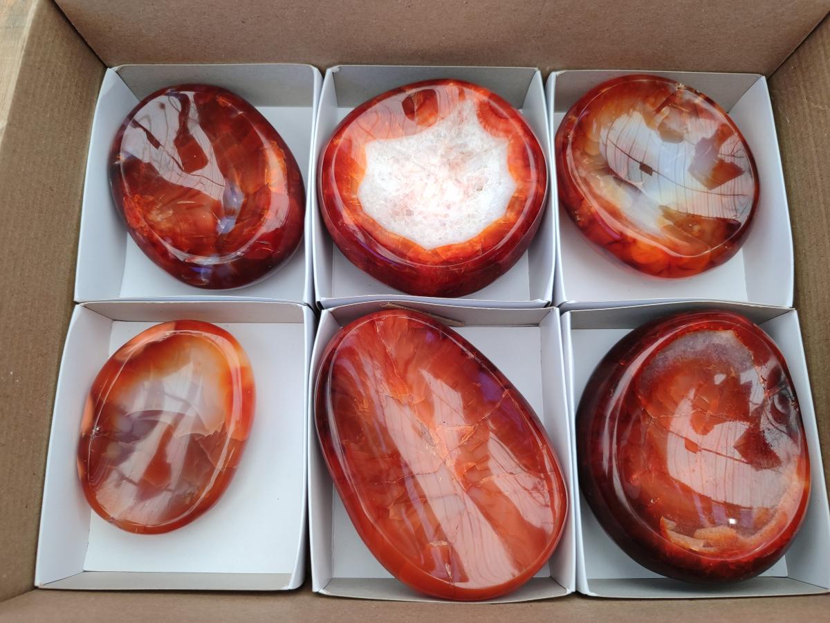 Polished Carnelian Agate Gemstone Bowls x 6 From Madagascar