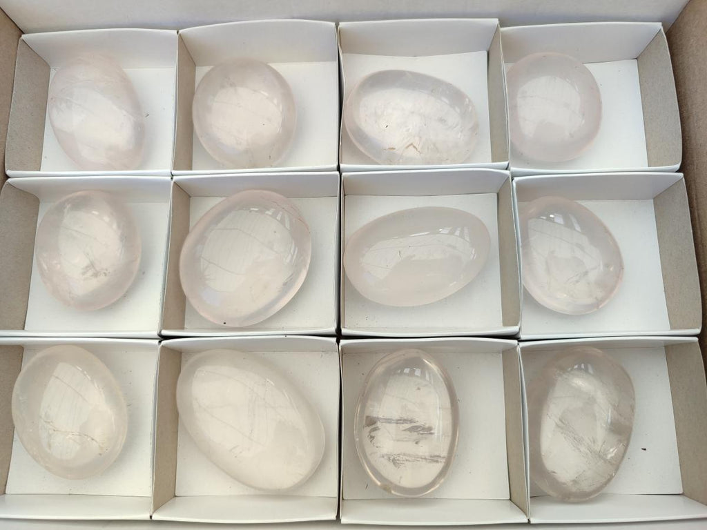 Polished Girasol Pearl Quartz Palm Stones x 12 From Ambatondrazaka, Madagascar