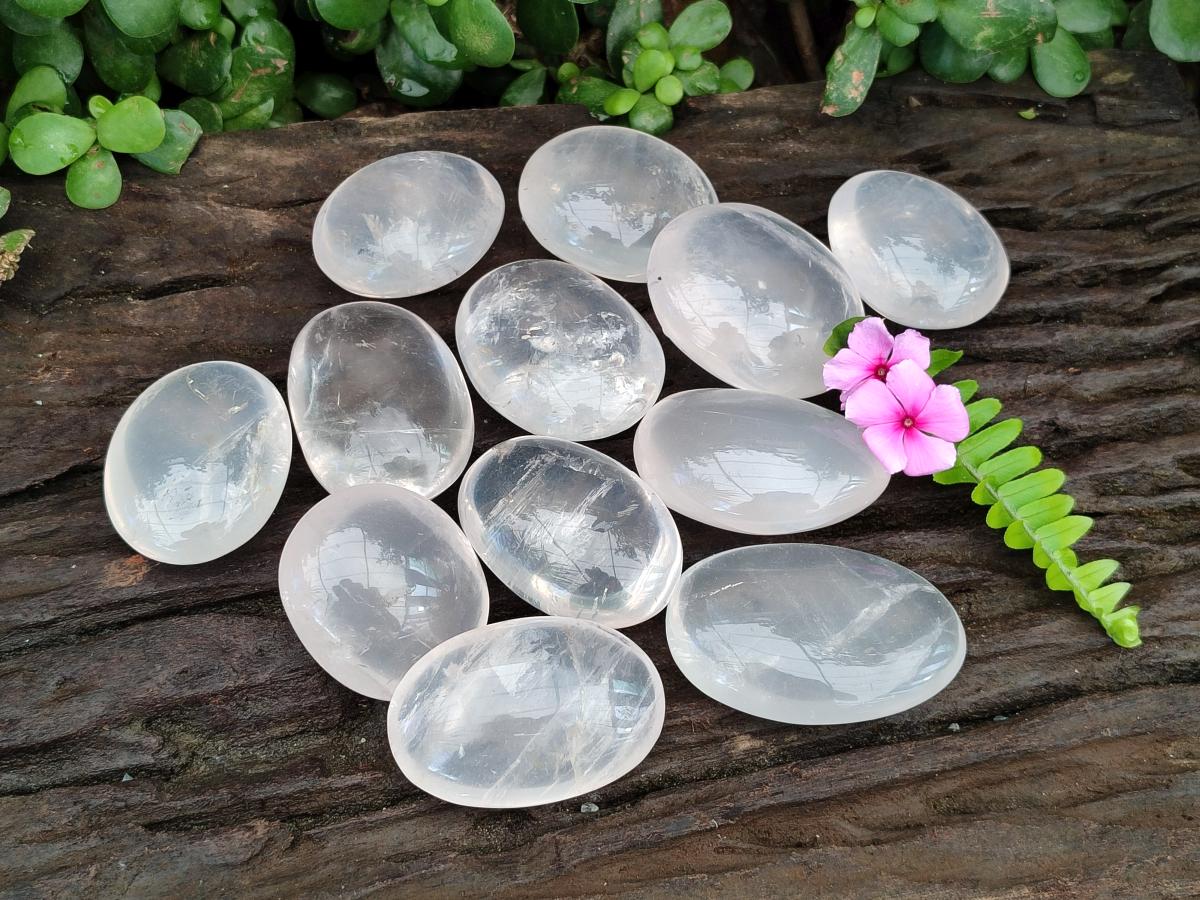 Polished Girasol Pearl Quartz Palm Stones x 12 From Ambatondrazaka, Madagascar