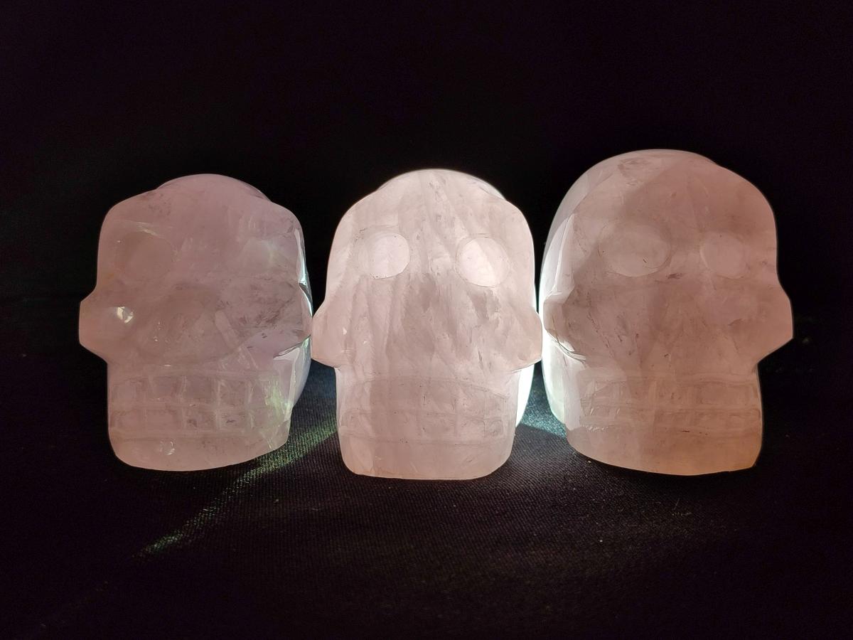 Hand Made Gemmy Rose Quartz Skulls x 3 From Madagascar