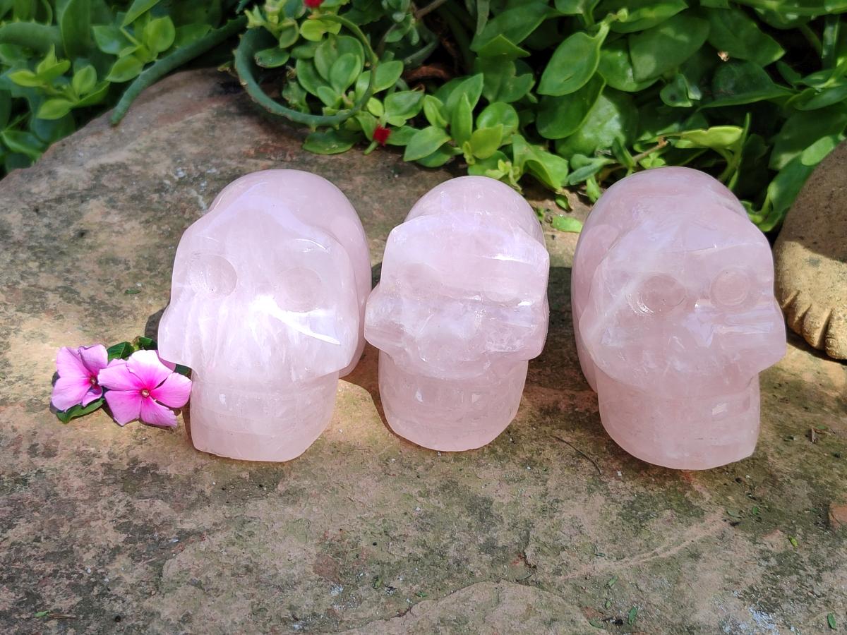 Hand Made Gemmy Rose Quartz Skulls x 3 From Madagascar
