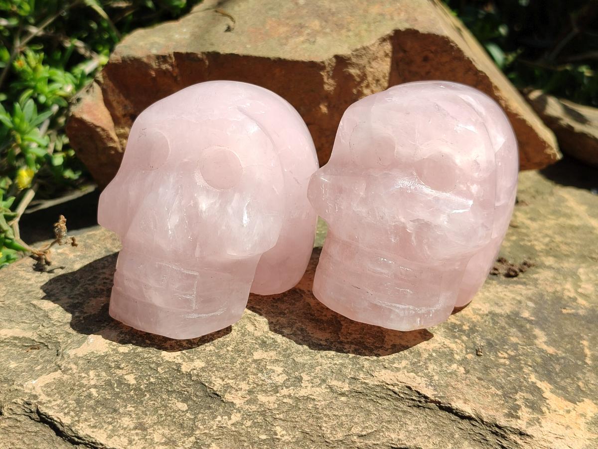 Hand Made Gemmy Rose Quartz Skulls x 3 From Madagascar