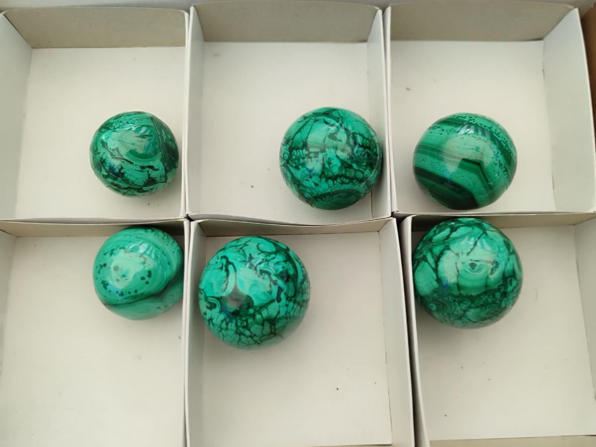 Polished Flower Banded Malachite Spheres x 6 From Congo