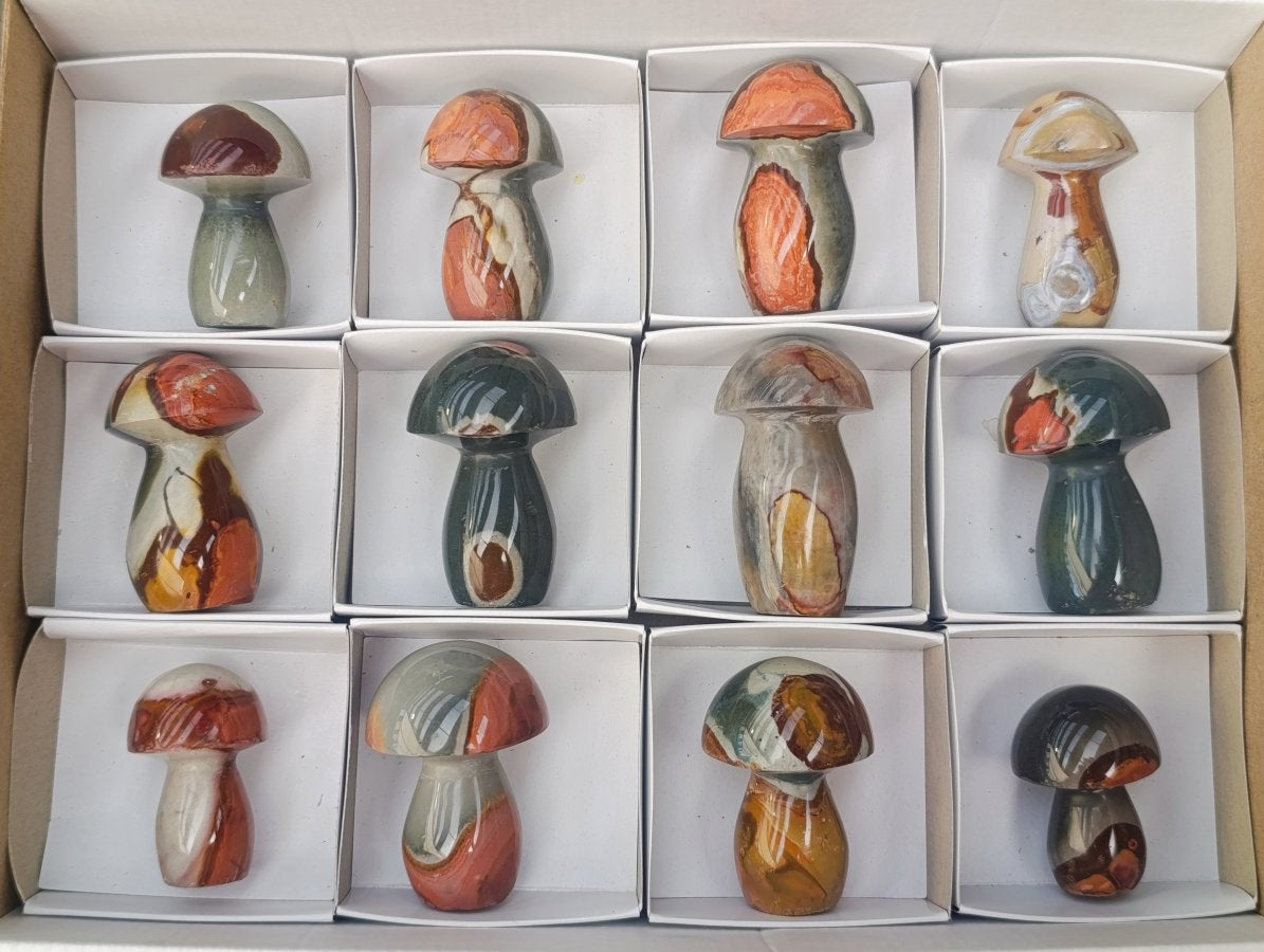 Polished Polychrome Jasper Mushrooms x 12 From NW Coast, Madagascar