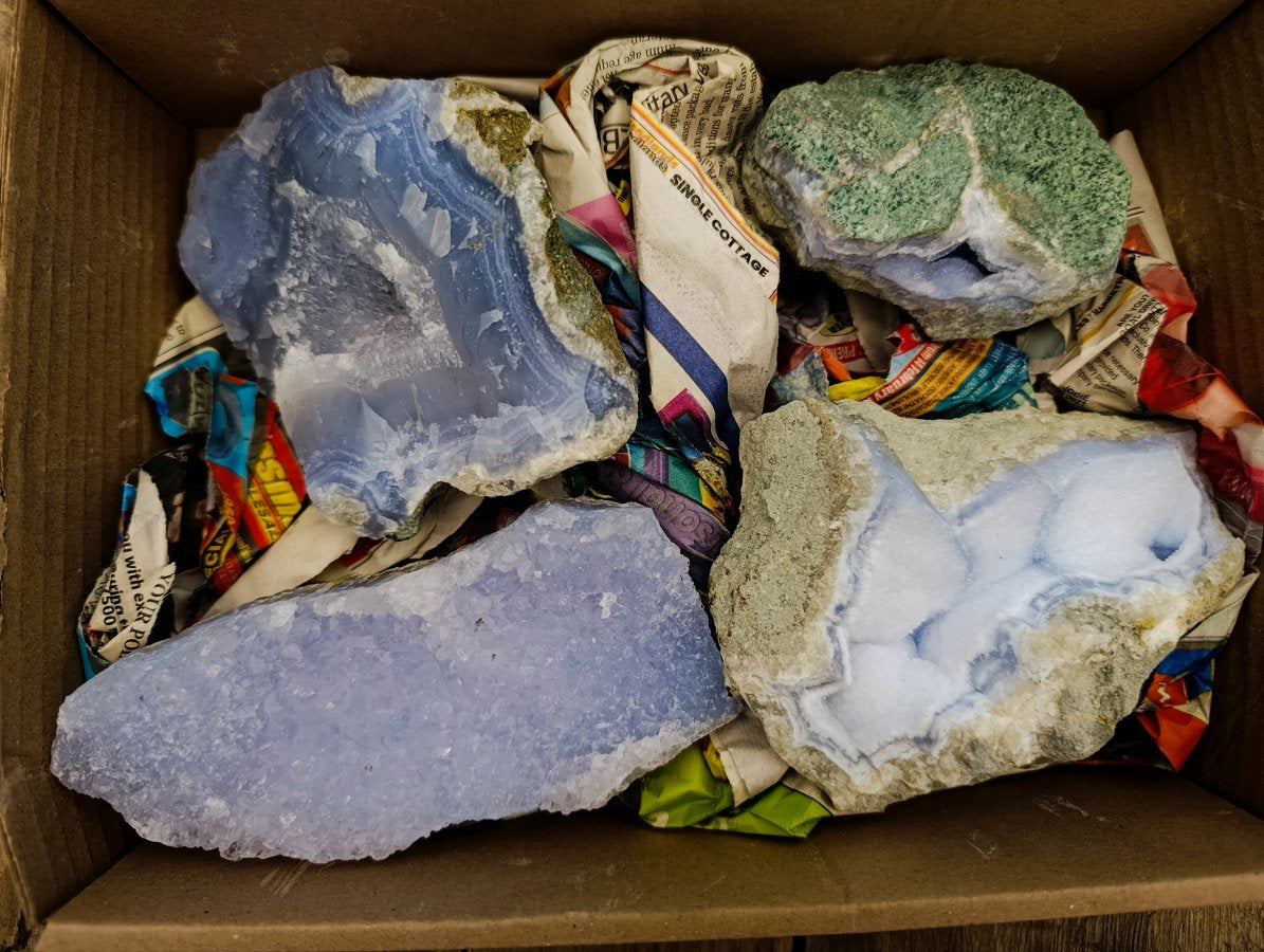 Natural Blue Lace Agate Geode Specimens x 4 From Nsanje, Malawi