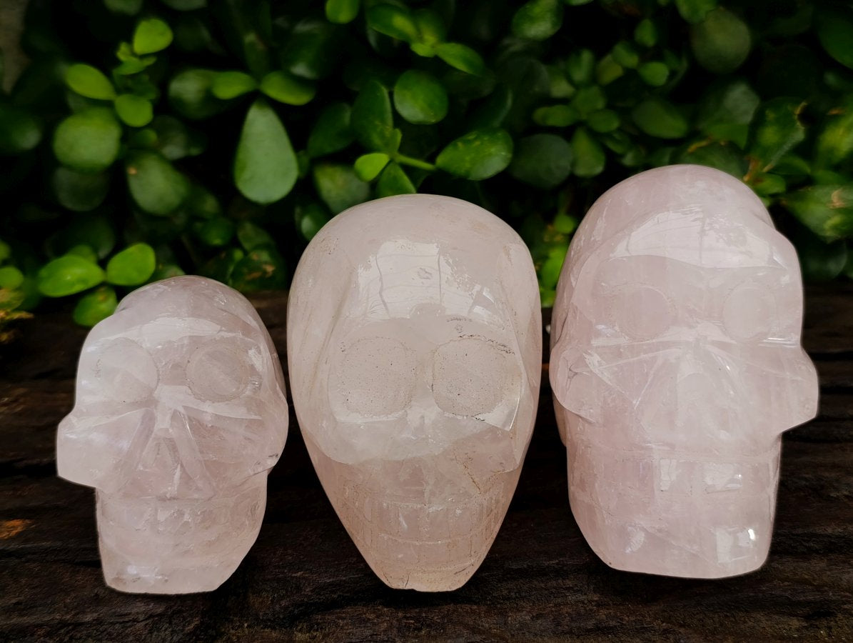 Hand Made Gemmy Rose Quartz Skulls x 3 From Madagascar